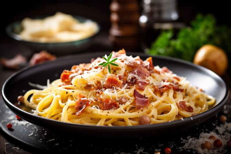 carbonara meat bacon italian spaghetti meal cheese pasta sauce food. Generative AI.