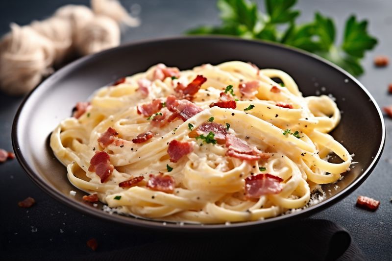 italian carbonara pasta bacon sauce cheese meat meal food spaghetti. Generative AI.