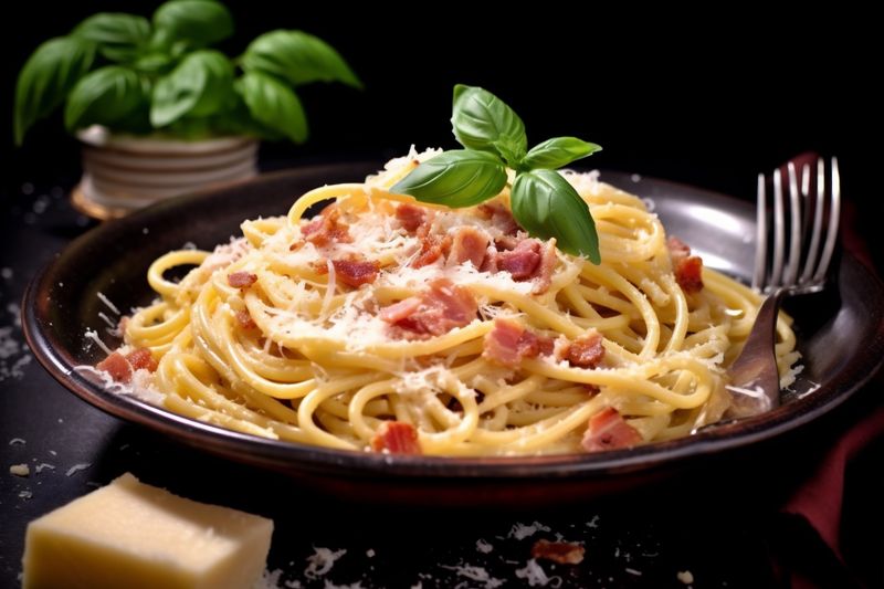 spaghetti carbonara sauce food pasta italian meal meat bacon cheese. Generative AI.