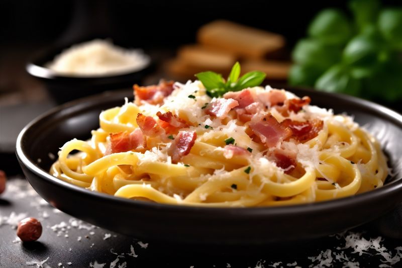 meat pasta cheese meal italian spaghetti bacon carbonara food sauce. Generative AI.