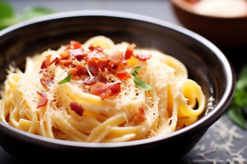 bacon italian food meat carbonara meal cheese sauce spaghetti pasta. Generative AI.