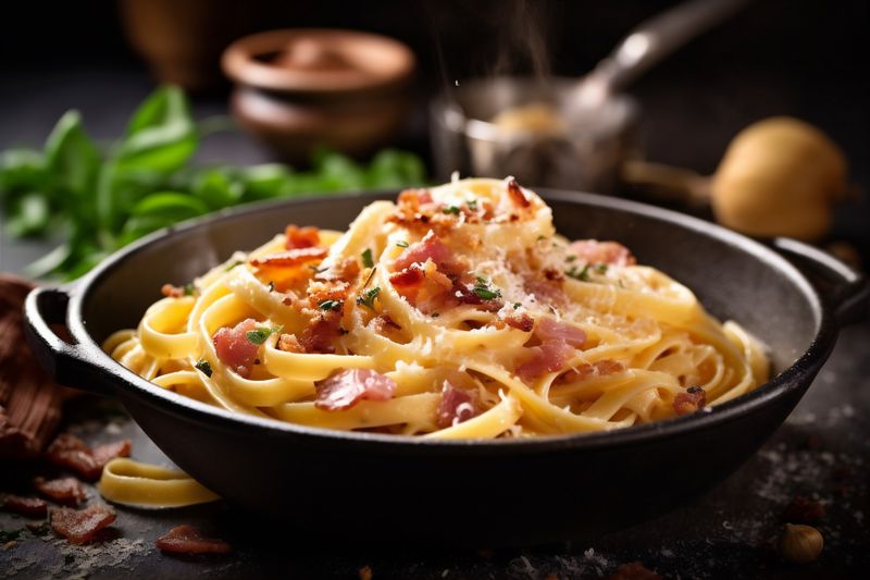 meal pasta carbonara spaghetti meat food sauce bacon italian cheese. Generative AI.