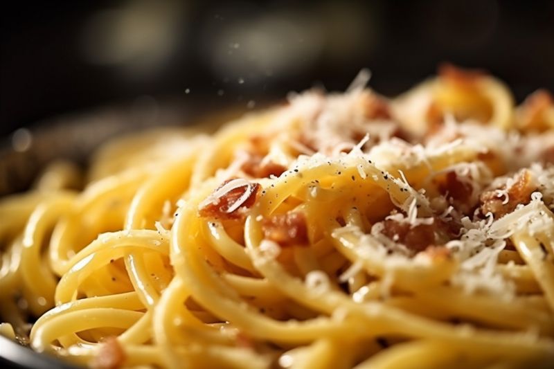 sauce pasta italian carbonara spaghetti bacon meal cheese food meat. Generative AI.