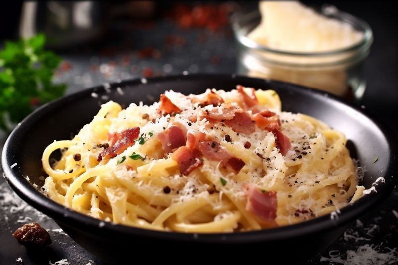 spaghetti meat sauce cheese bacon italian carbonara meal pasta food. Generative AI.