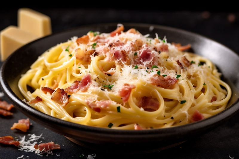 bacon pasta spaghetti cheese italian meal sauce carbonara food meat. Generative AI.