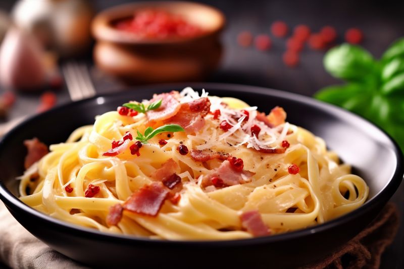carbonara meat sauce bacon spaghetti pasta italian food meal cheese. Generative AI.