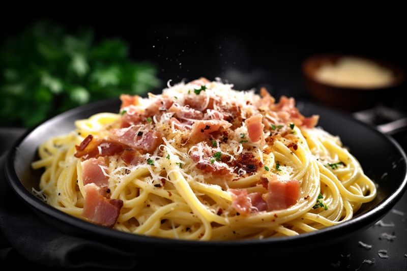 pasta cheese italian food bacon meat meal sauce spaghetti carbonara. Generative AI.