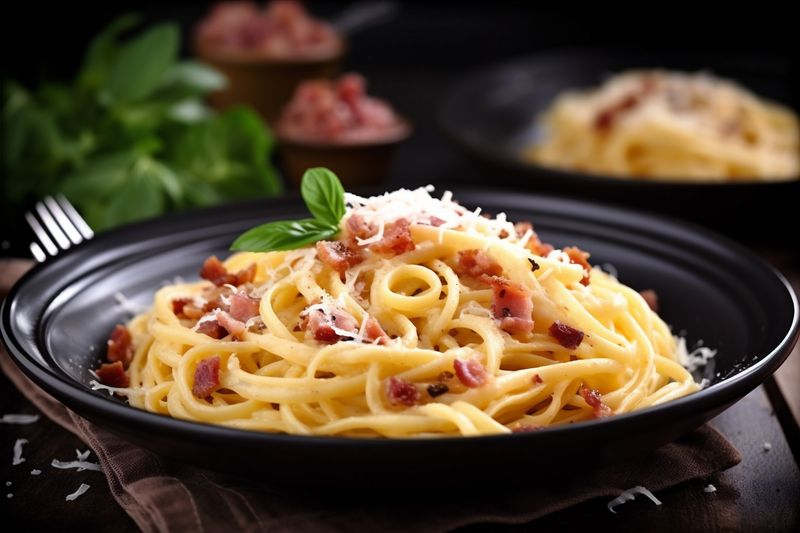 spaghetti cheese bacon meal italian meat sauce food pasta carbonara. Generative AI.
