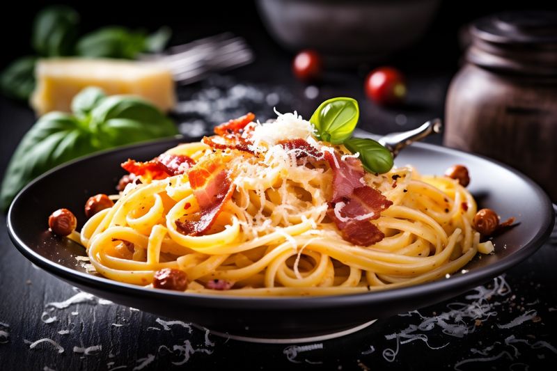 meat bacon meal sauce spaghetti cheese pasta food carbonara italian. Generative AI.