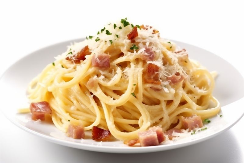 carbonara food spaghetti italian meat bacon pasta cheese meal sauce. Generative AI.