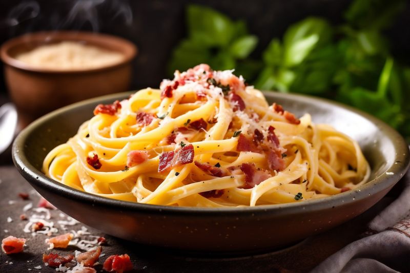 sauce meal italian bacon pasta spaghetti cheese food meat carbonara. Generative AI.