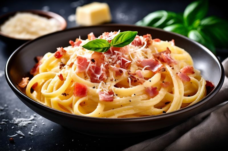 meat italian meal bacon food carbonara sauce cheese spaghetti pasta. Generative AI.