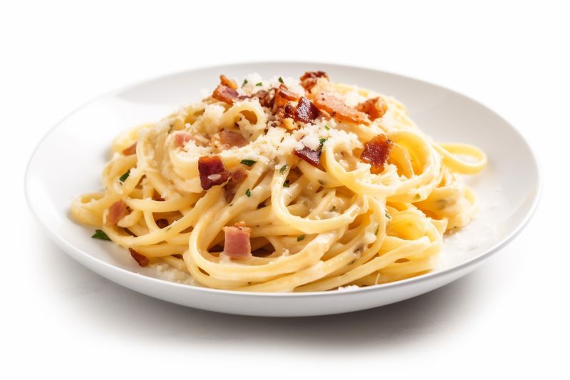 carbonara italian plate pasta lunch recipe spaghetti background cheese isolated food. Generative AI.