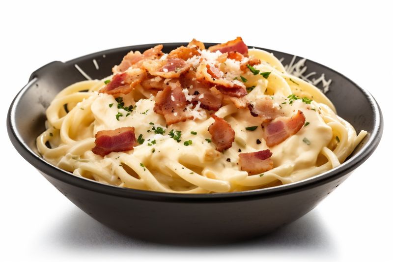 italian spaghetti background plate food lunch mediterranean cheese carbonara pasta isolated. Generative AI.