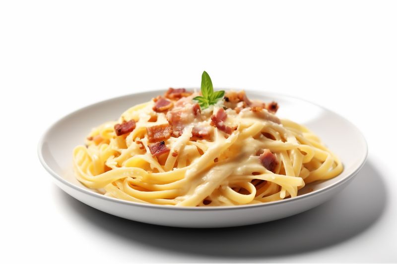 pasta plate italian isolated food ham cheese carbonara spaghetti lunch background. Generative AI.