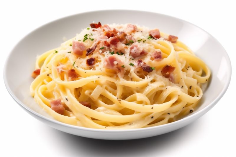 isolated background lunch traditional pasta carbonara spaghetti plate cheese italian food. Generative AI.