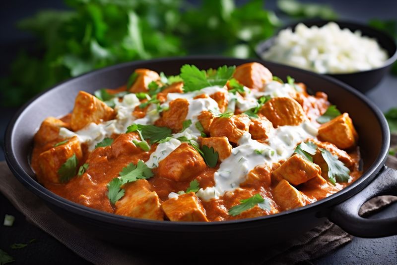 hot masala traditional chicken meat rice sauce indian background dark asian. Generative AI.