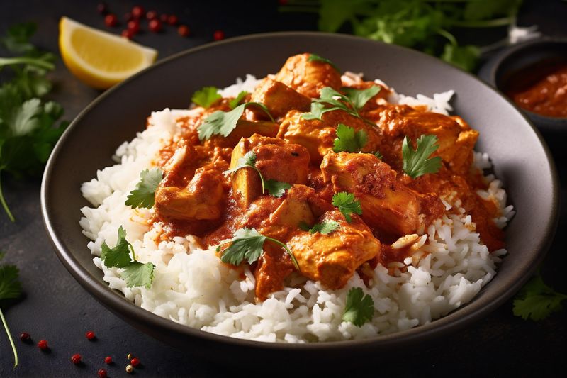 background indian hot chicken sauce asian spice masala rice dark traditional. Generative AI.