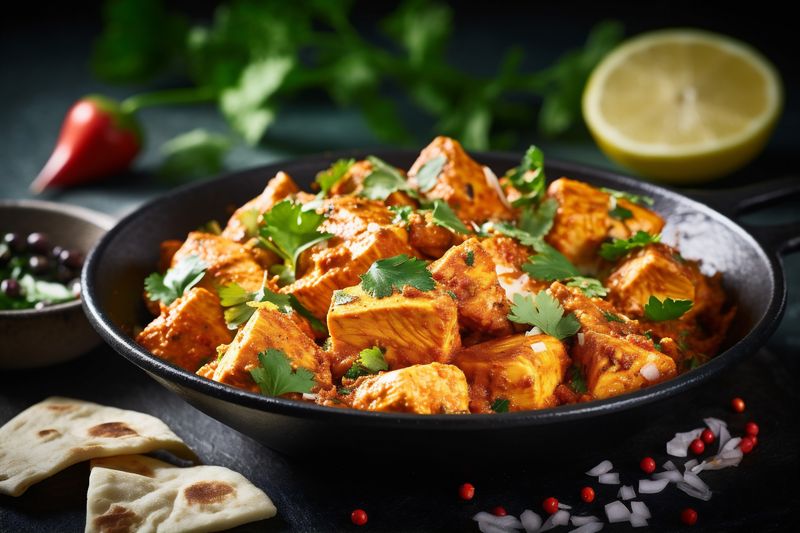 dark background chicken asia hot masala asian indian traditional sauce rice. Generative AI.