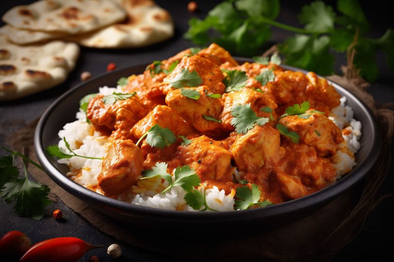 masala traditional dark sauce chicken hot basmati rice indian asian background. Generative AI.