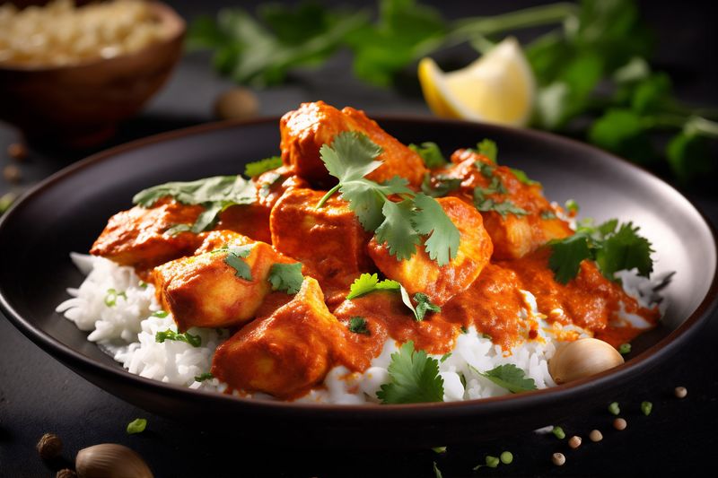 chicken asia masala dark asian hot rice sauce indian background traditional. Generative AI.