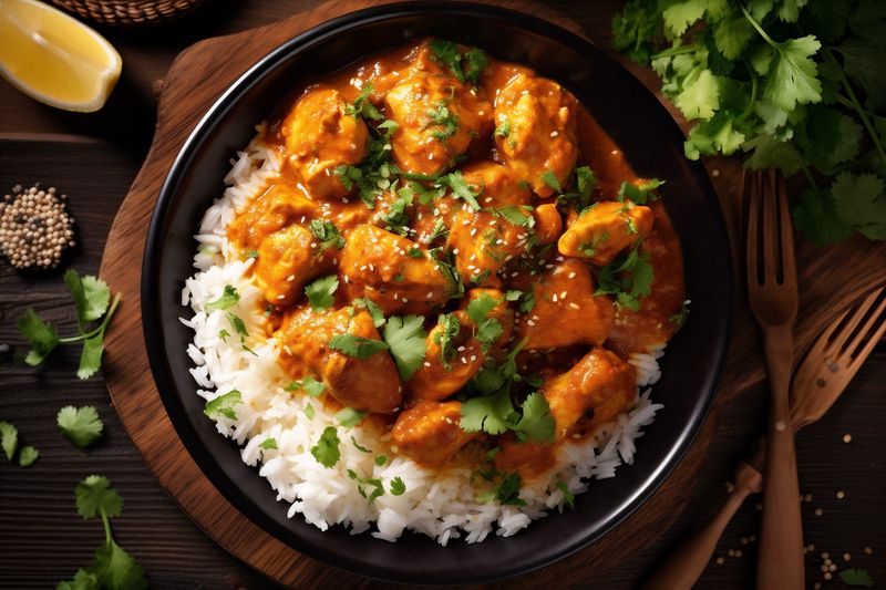 chicken dark rice hot basmati asian masala background indian sauce traditional. Generative AI.
