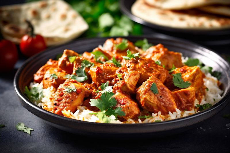 sauce masala asian traditional chicken rice dark hot indian pot background. Generative AI.