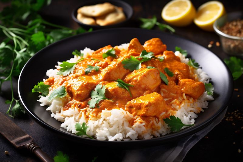 chicken traditional hot indian sauce rice oriental masala dark asian background. Generative AI.