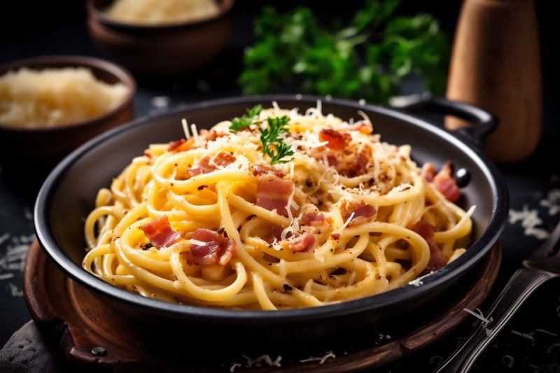 carbonara meat spaghetti bacon cheese food italian pasta meal sauce. Generative AI.
