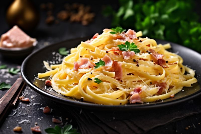 bacon meal food cheese sauce pasta meat italian carbonara spaghetti. Generative AI.