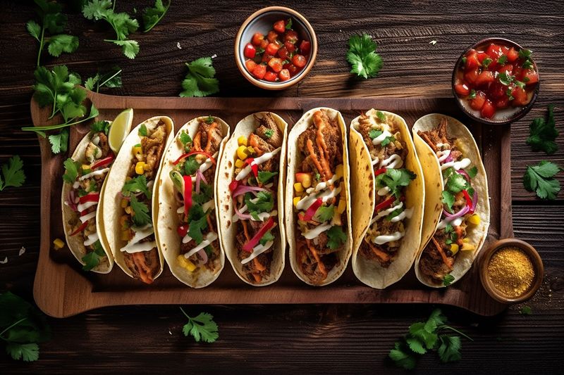 fresh chili vegetable pepper meal food mexican tomato sauce taco. Generative AI.