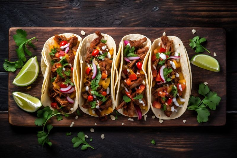 fresh sauce meal food mexican vegetable pepper taco tomato chili. Generative AI.