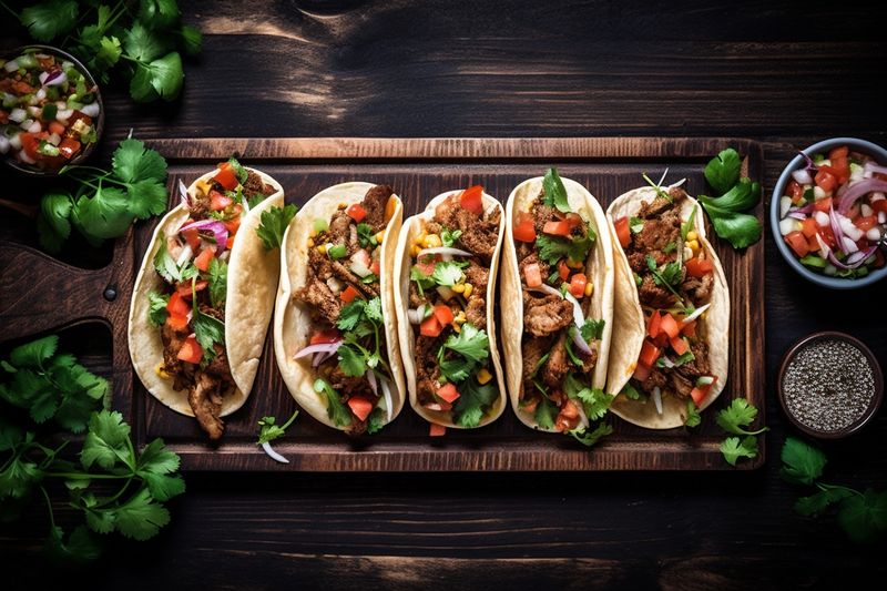 food meal mexican tomato sauce fresh chili taco vegetable pepper. Generative AI.