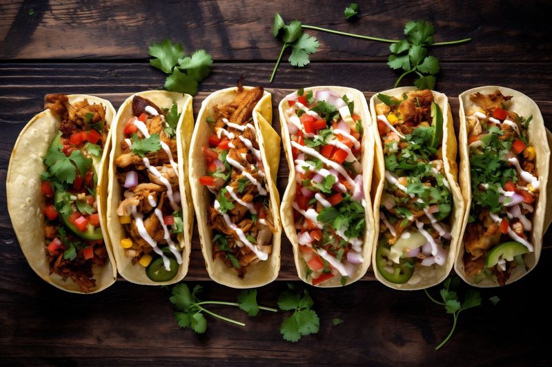 meal pepper sauce vegetable food tomato fresh mexican taco chili. Generative AI.