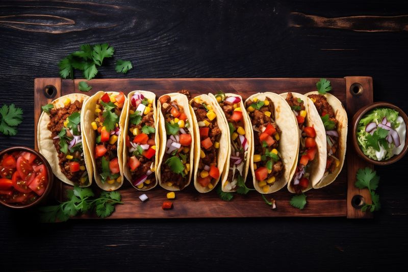 taco vegetable pepper food mexican sauce meal fresh tomato chili. Generative AI.