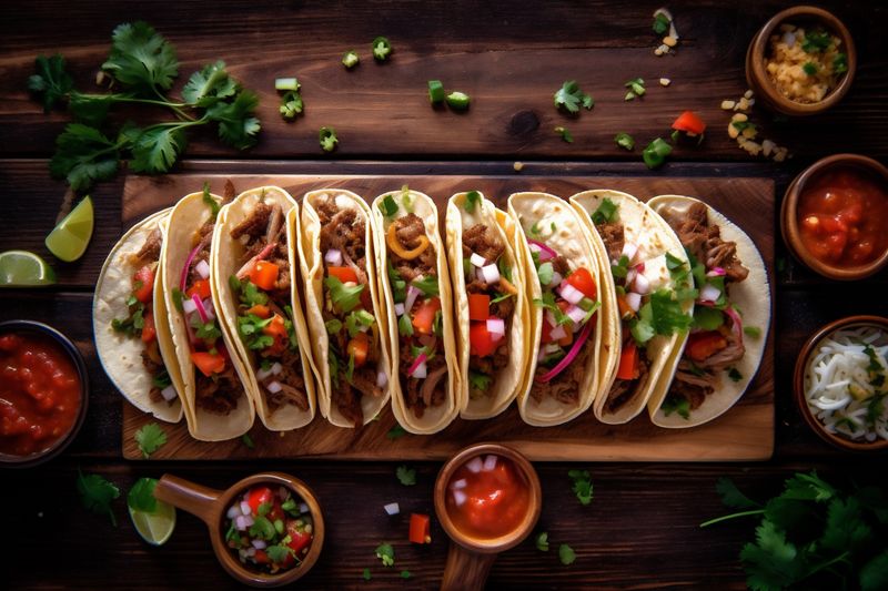 vegetable pepper taco chili fresh food tomato meal mexican sauce. Generative AI.