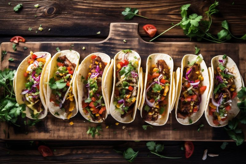 meal taco fresh food pepper mexican tomato sauce chili vegetable. Generative AI.