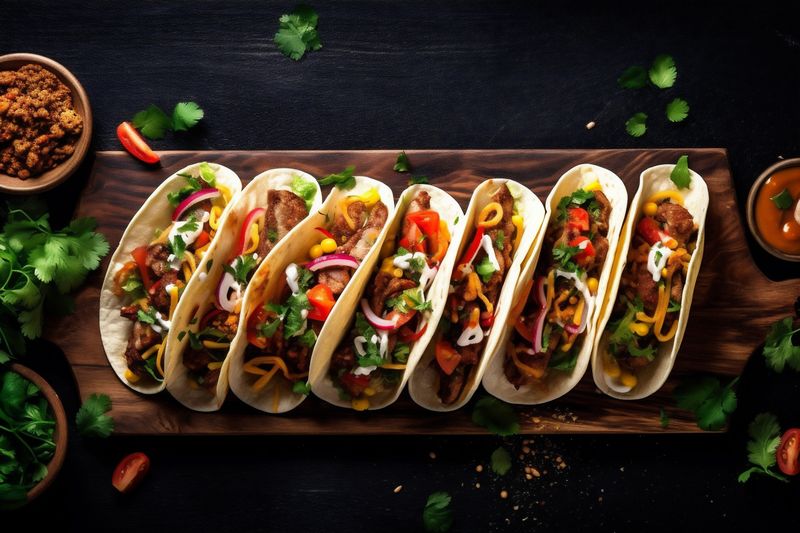 tomato sauce vegetable fresh pepper meal food taco chili mexican. Generative AI.