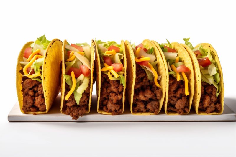 tortilla tomato white vegetable mexican food meat white isolated on beef taco. Generative AI.