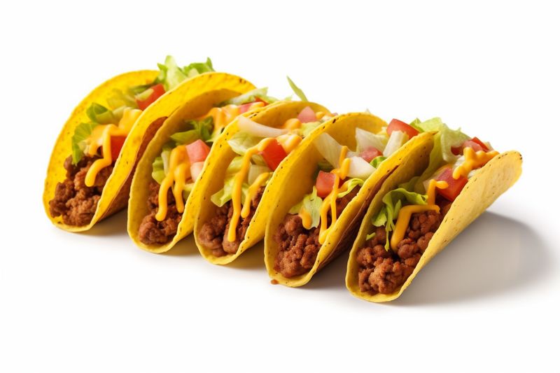 isolated on vegetable food taco beef mexican tortilla white meat tomato white. Generative AI.