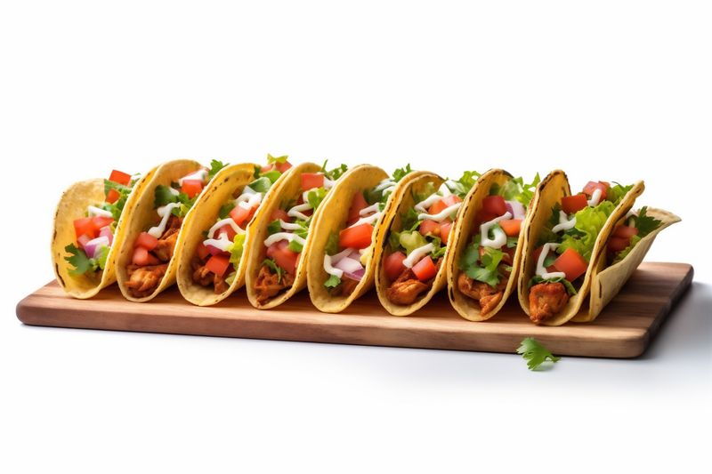 beef mexican taco food white white tortilla isolated vegetable tomato on meat. Generative AI.