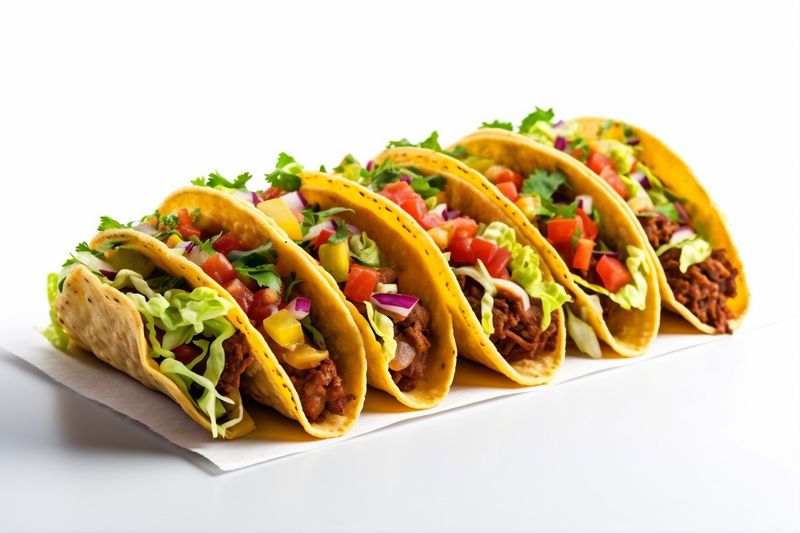 vegetable food tortilla white meat isolated taco beef on white tomato mexican. Generative AI.