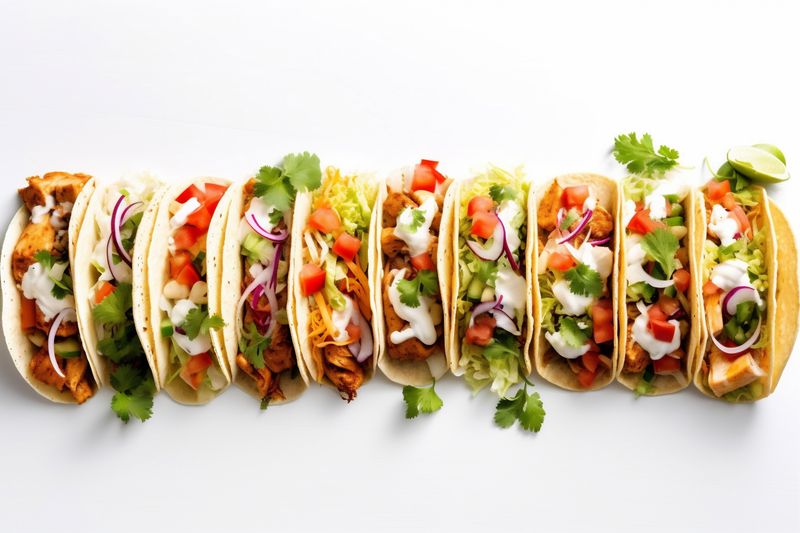 on tomato tortilla mexican white meat isolated taco white food beef vegetable. Generative AI.