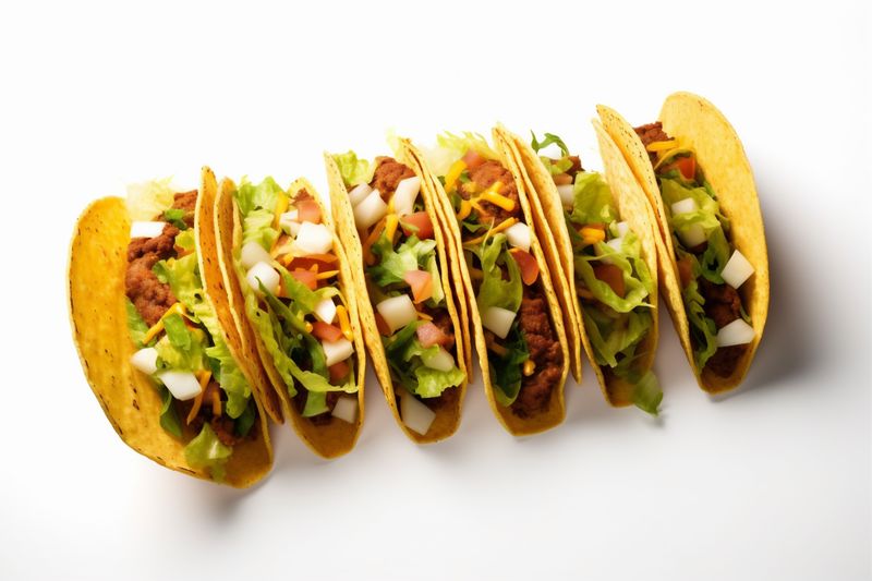 tortilla on taco tomato white isolated food mexican vegetable beef white meat. Generative AI.