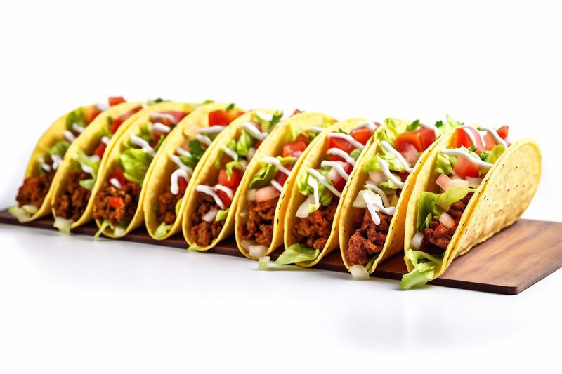 vegetable taco on mexican meat beef white isolated tortilla food tomato white. Generative AI.