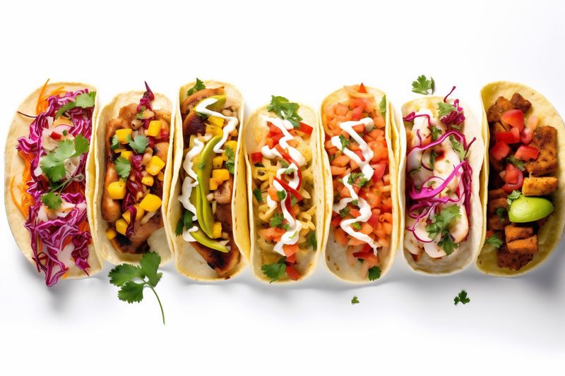 vegetable meat beef mexican white food isolated taco on white tortilla tomato. Generative AI.