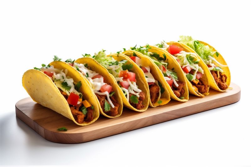 food mexican tomato beef tortilla white taco meat isolated on white vegetable. Generative AI.