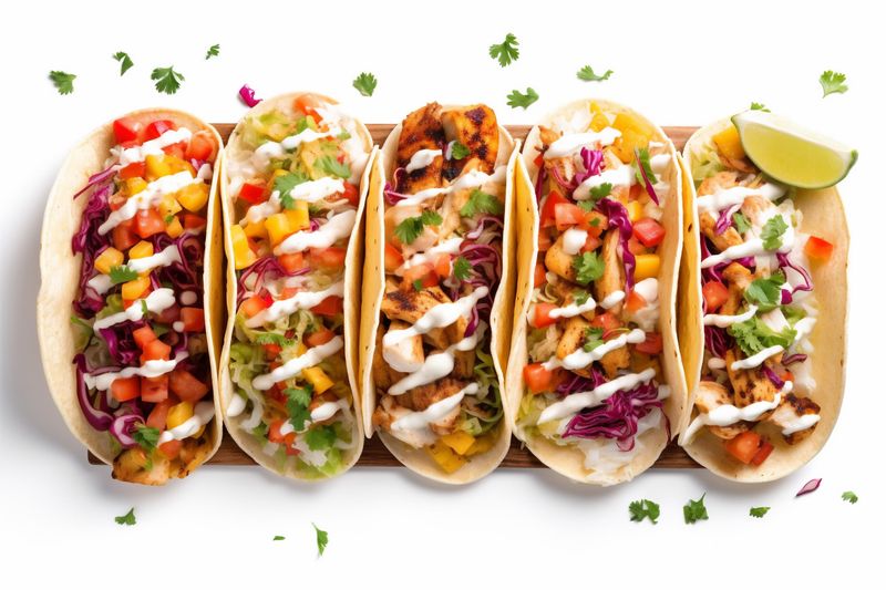 taco vegetable white isolated tortilla beef on meat tomato white mexican food. Generative AI.