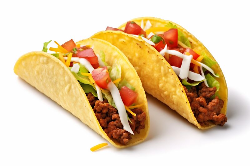 tomato beef mexican tortilla vegetable isolated food meat taco white white on. Generative AI.