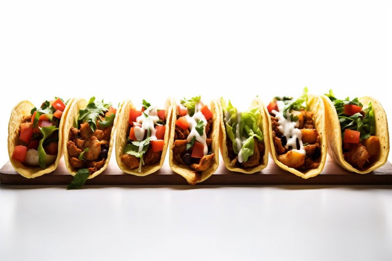 mexican tortilla isolated white meat beef on taco food vegetable tomato white. Generative AI.